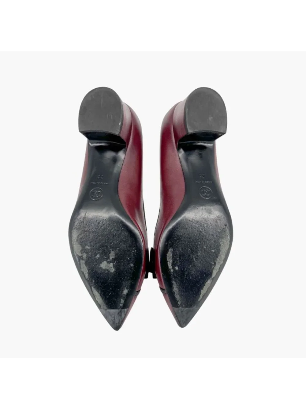 Chanel Pointed Toe Bow Pumps Size 38 US 7-7.5 Maroon Leather CC Mid Block Heel